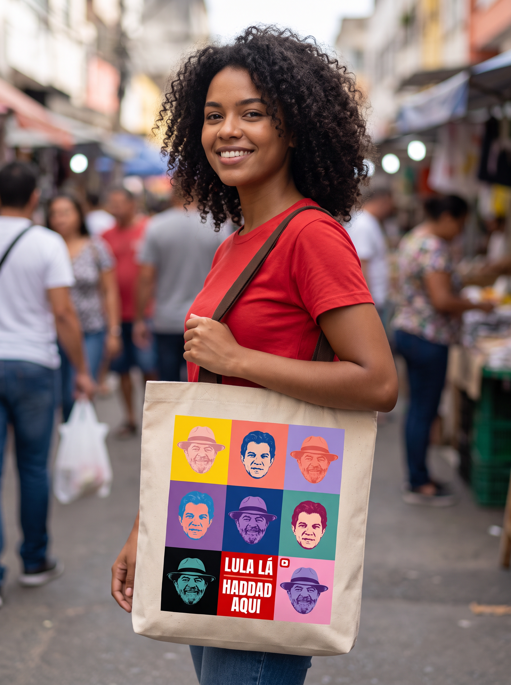 11-bolsa-bege-popart-mulher-jovem-parda Ecobag Lula lá, Haddad aqui. - Imagem 1