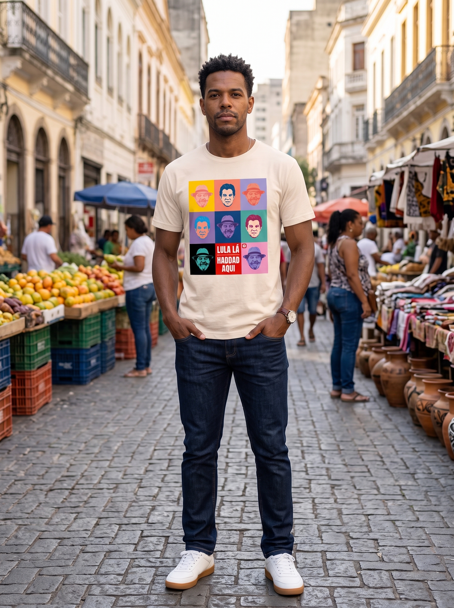 Gemini_Generated_Image_cppndpcppndpcppn Camiseta LULA LÁ, HADDAD AQUI Pop Art - Imagem 1